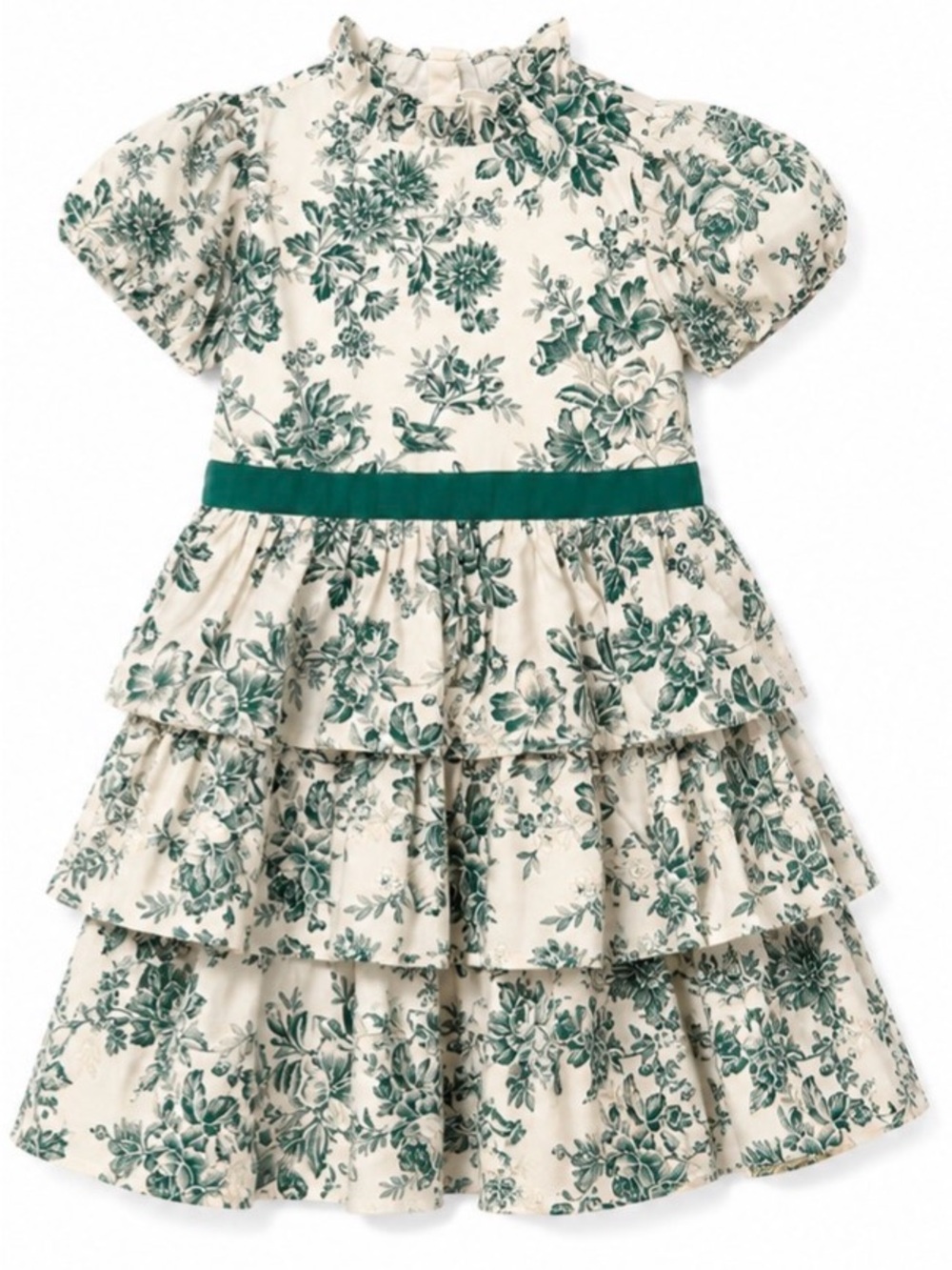 Janie and Jack Cream Dress with Green Floral Print and Green Waistband